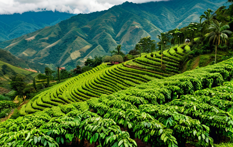 A Coffee Plantation in Colombia**

"A lush, green coffee plantation in the mountains of Antioquia, Colombia, fully clothed coffee farmers harvesting ripe cherries, vibrant landscape with rolling hills, traditional farm buildings visible in the distance, appropriate attire, safe for work, perfect anatomy, natural proportions, professional photography, high quality, family-friendly scene, showcasing the terroir of Colombian coffee."

**
