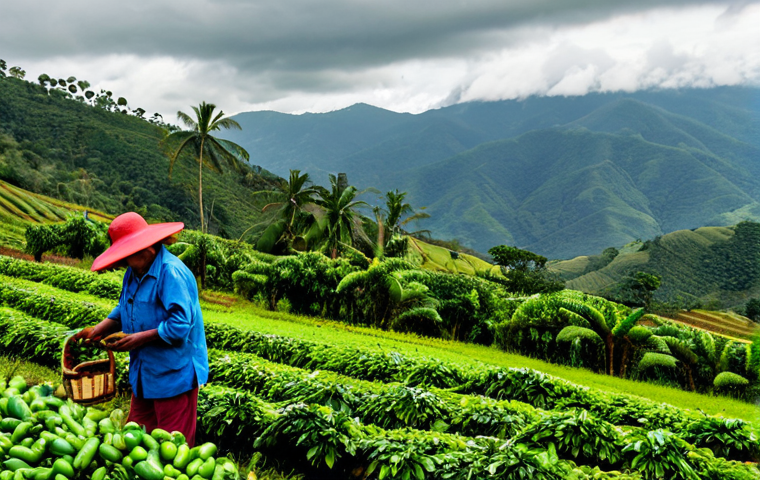 Colombia - Eje Cafetero Coffee Farm**

"A vibrant scene of a Colombian coffee farm in the Eje Cafetero region. Rolling green hills covered in coffee plants stretch into the distance under a bright, slightly overcast sky. A traditionally dressed Colombian farmer, fully clothed in practical, modest clothing, is carefully picking coffee cherries. In the background, a colorful farmhouse with a red tile roof nestles among the trees. Perfect anatomy, correct proportions, natural pose. Safe for work, appropriate content, fully clothed, professional photography, high quality, family-friendly scene."

**