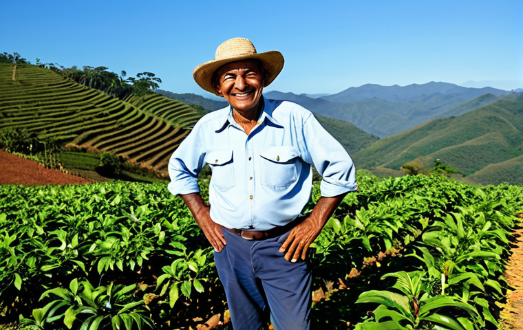 브라질 커피 농장 방문기 - Don Eduardo at the Coffee Farm**

"Don Eduardo, a weathered but smiling coffee farmer, standing prou...