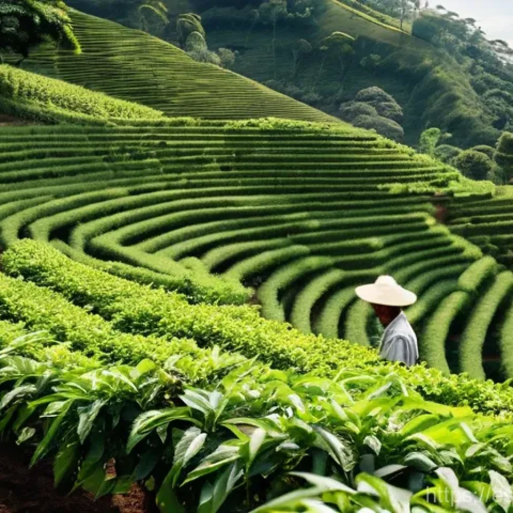 커피 원산지의 역사적 커피 유산 - **Prompt:** A serene and vibrant scene of coffee farmers meticulously hand-picking ripe, red coffee ...
