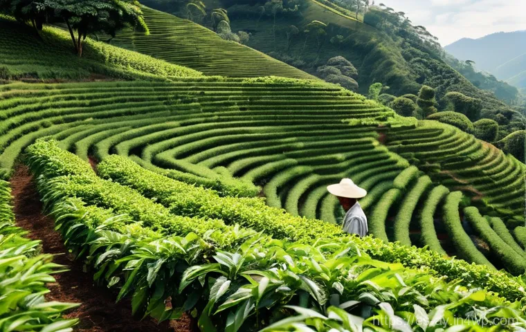 커피 원산지의 역사적 커피 유산 - **Prompt:** A serene and vibrant scene of coffee farmers meticulously hand-picking ripe, red coffee ...