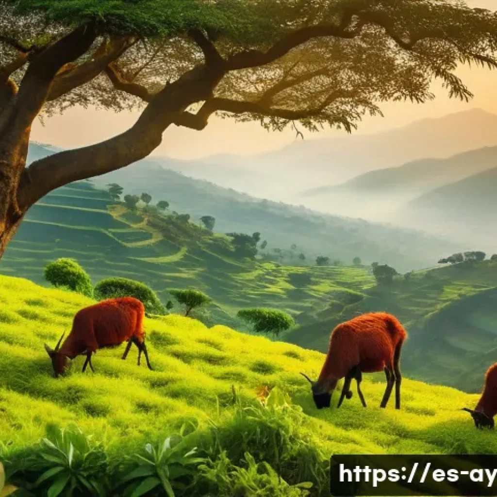 커피 원산지 탐방기 블로그 작성법 - A vibrant Ethiopian highland landscape at dawn, featuring lush green coffee plants with ripe red cof...