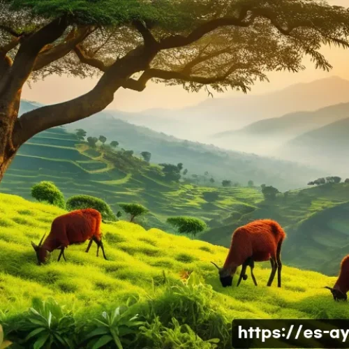 Home 30 커피 원산지 탐방기 블로그 작성법 - A vibrant Ethiopian highland landscape at dawn, featuring lush green coffee plants with ripe red cof...