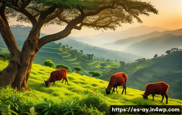 커피 원산지 탐방기 블로그 작성법 - A vibrant Ethiopian highland landscape at dawn, featuring lush green coffee plants with ripe red cof...