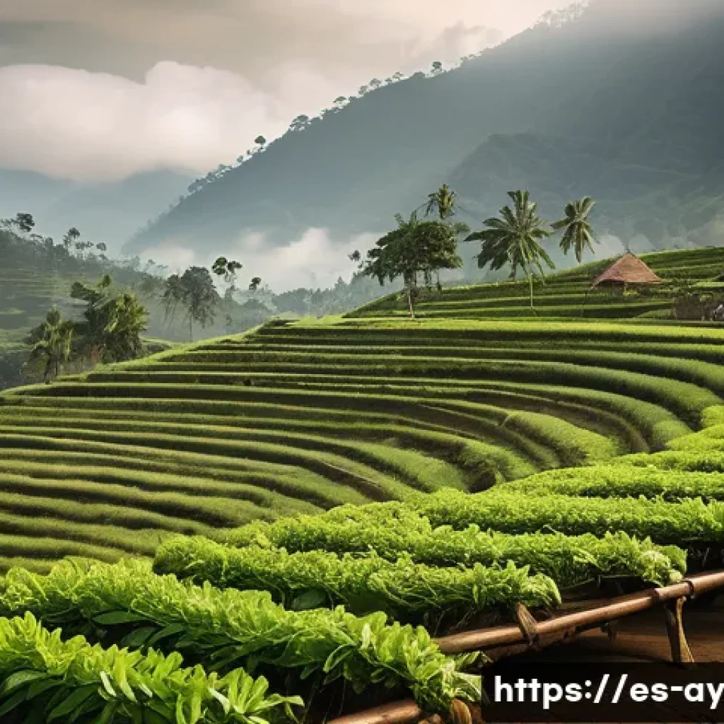 아시아 커피 원산지 탐방 코스 - A vibrant Indonesian coffee plantation scene set in the lush highlands of Sumatra, featuring local f...
