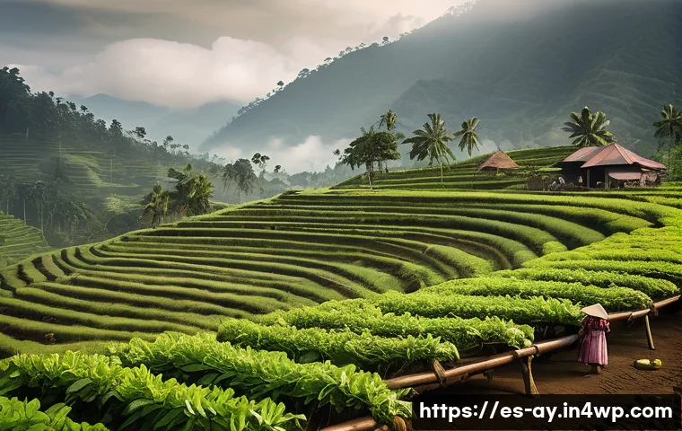 아시아 커피 원산지 탐방 코스 - A vibrant Indonesian coffee plantation scene set in the lush highlands of Sumatra, featuring local f...