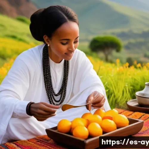 Home 28 커피 원산지별 특성에 따른 커피 즐기기 - A vibrant Ethiopian coffee ceremony scene set outdoors in a lush highland landscape with traditional...