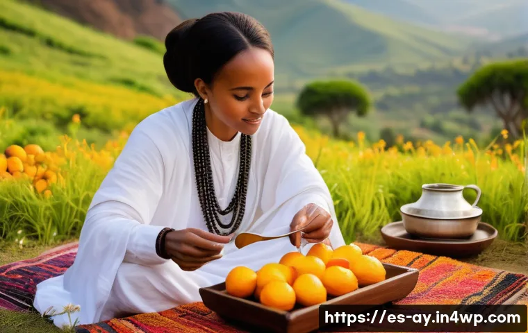 커피 원산지별 특성에 따른 커피 즐기기 - A vibrant Ethiopian coffee ceremony scene set outdoors in a lush highland landscape with traditional...