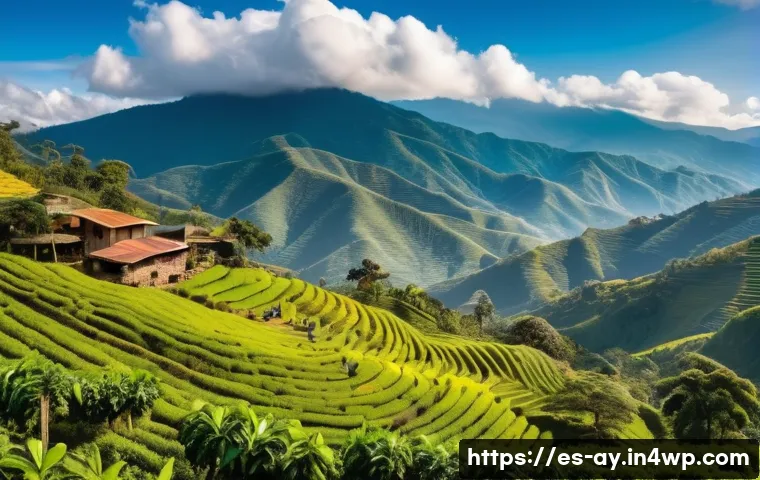커피 원산지 탐방을 위한 패키지 여행 추천 - A vibrant Colombian coffee farm scene in the Eje Cafetero region featuring lush green coffee plants ...
