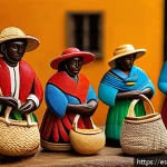 Home 23 커피 원산지 기념품 추천 - A vibrant Colombian artisan market scene showcasing hand-carved wooden figures representing coffee p...