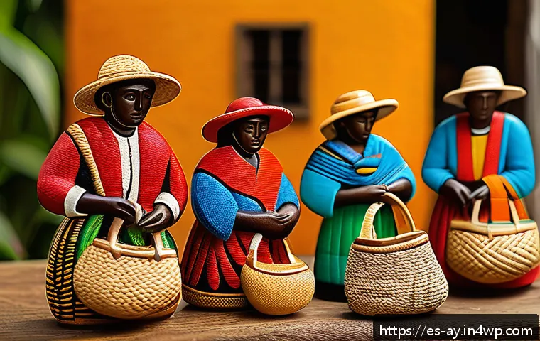 커피 원산지 기념품 추천 - A vibrant Colombian artisan market scene showcasing hand-carved wooden figures representing coffee p...