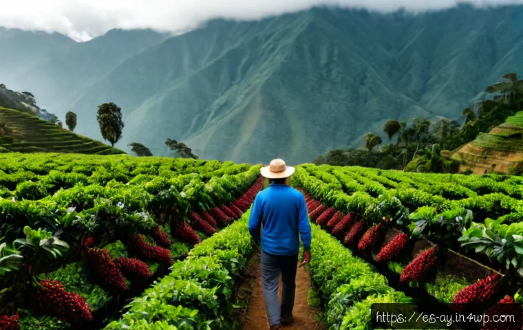 Home 17 커피 원산지 탐방을 위한 나만의 경험 공유 - Photorealistic travel documentary scene in a Colombian coffee highland, a Spanish-speaking adult tra...