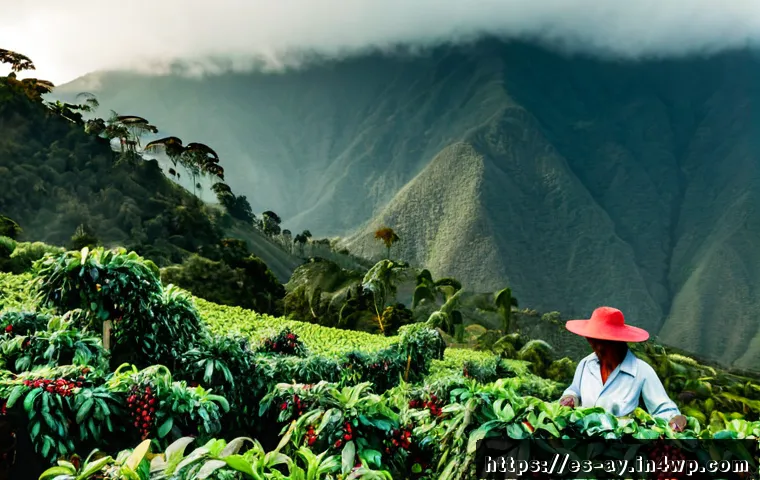 Home 30 커피 원산지의 지속 가능한 농업 - Photorealistic sunrise on a sustainable coffee farm in the Colombian Andes, a Hispanic farmer wearin...