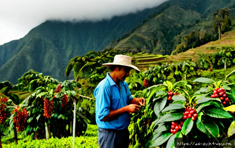 Home 17 커피 원산지 탐방 후 간단 요리 레시피 - Photorealistic morning scene on a Colombian coffee farm in the Andean highlands, a Spanish-speaking ...
