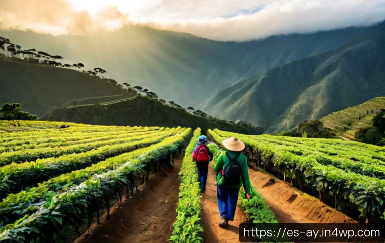 커피 원산지 탐방에서의 특별한 경험 - Photorealistic sunrise at a Colombian coffee farm in the Andes, a Spanish-speaking traveler in pract...